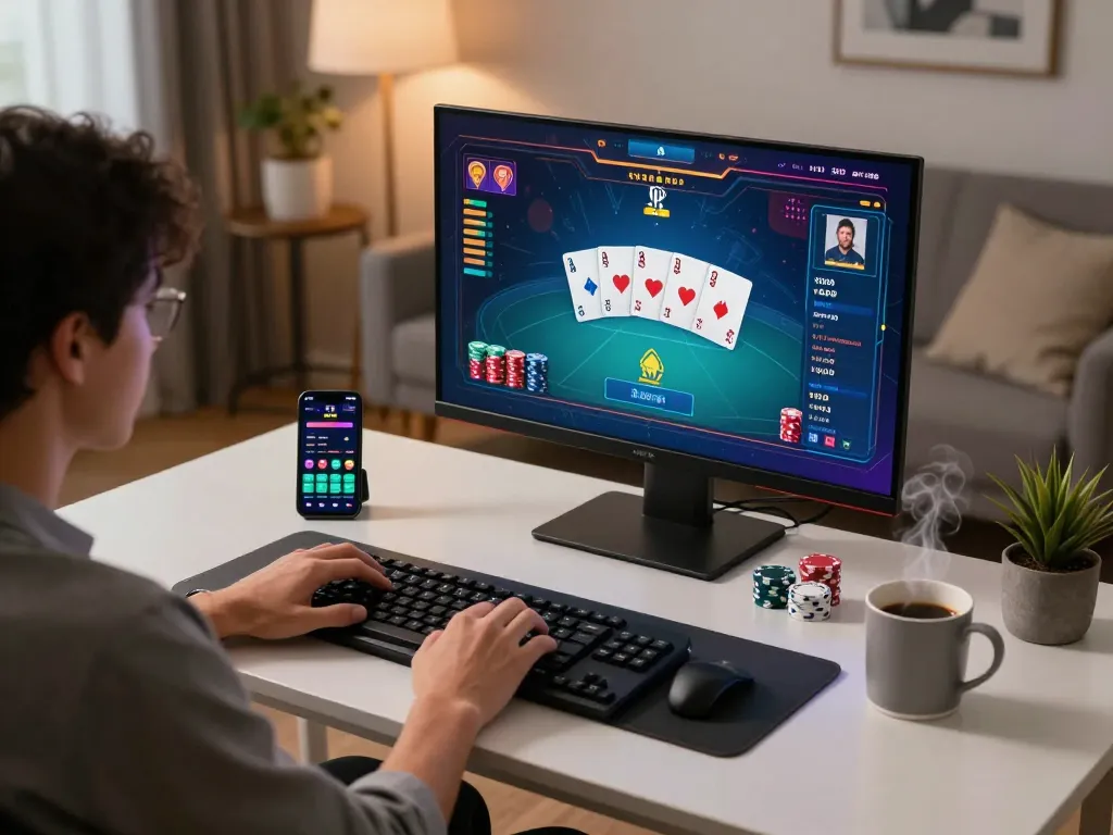 Player using nego77 app on a laptop for online poker with vibrant graphics.