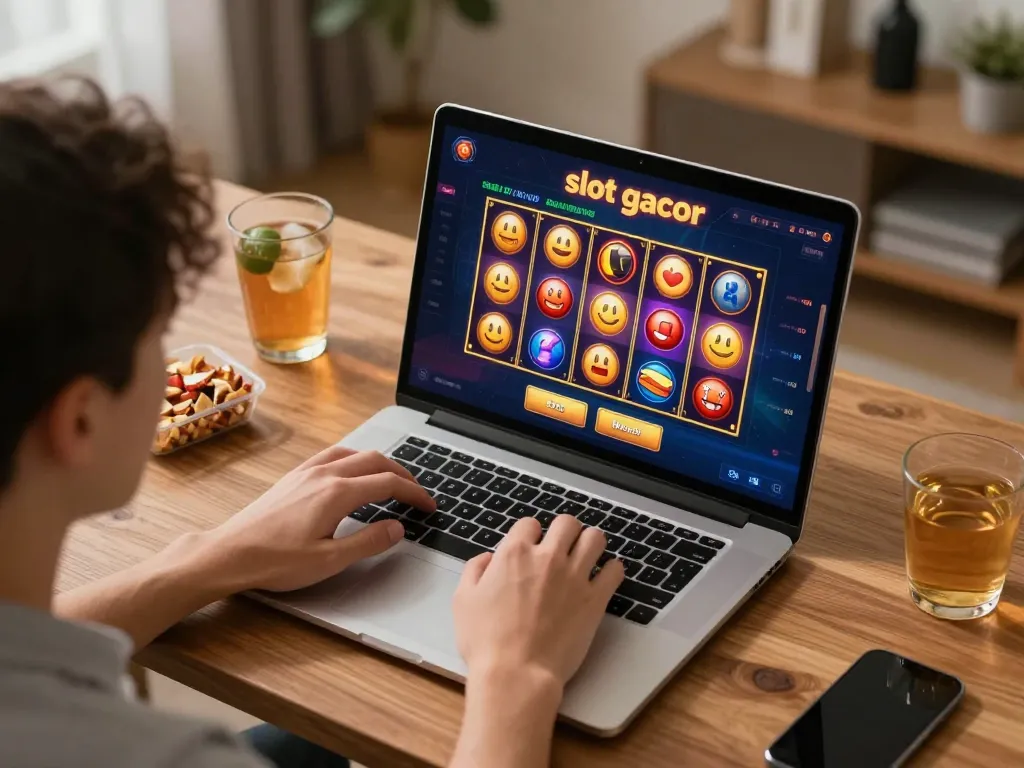 Sesi perjudian online yang menarik dengan permainan slot gacor ditampilkan di layar laptop.