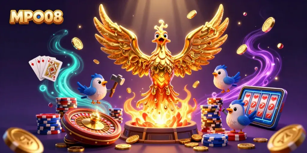 Experience fun and excitement on MPO08 with a golden phoenix amidst dynamic casino elements.