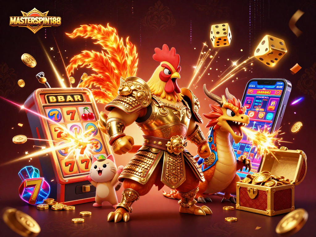 Experience the thrill of MASTERSPIN188 as a fighting rooster and armored dragon ignite the casino world.