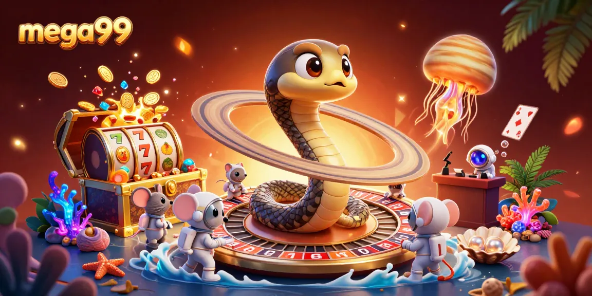 Experience thrilling gaming with mega99 as astronaut mice bet on a roulette-like Saturn, vibrant treasure flooding the scene.