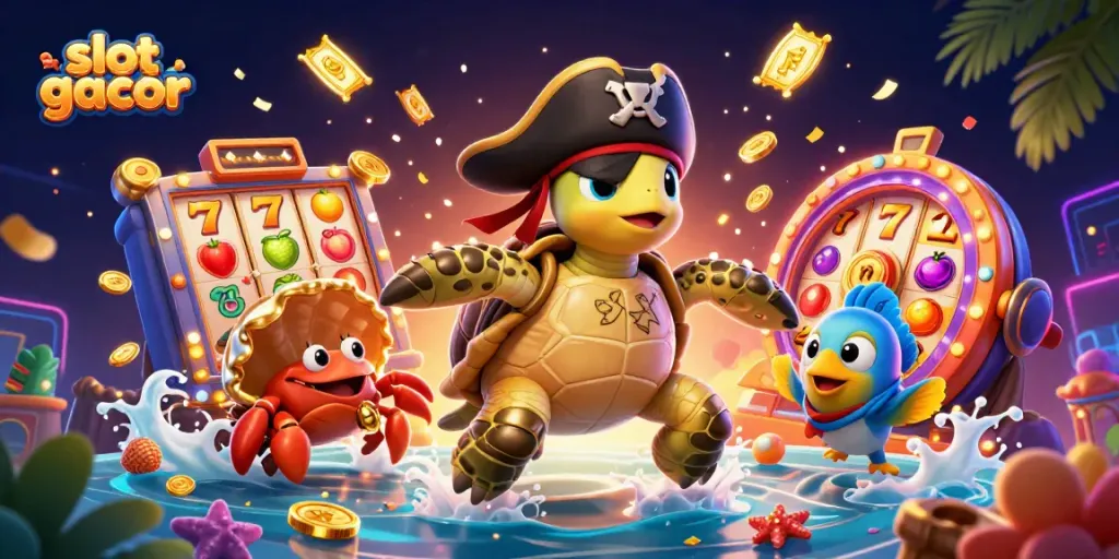 Engage in thrilling slot gacor action with a colorful scene of lucky symbols and characters.