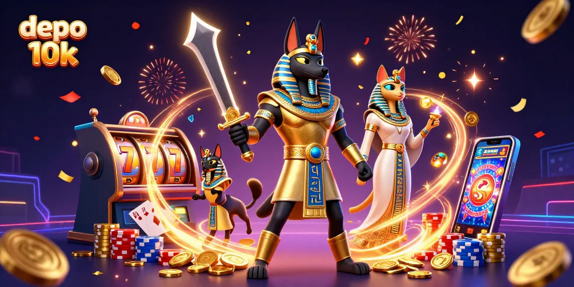 Experience massive wins at depo 10k with 3D Egyptian warrior and vibrant casino elements.
