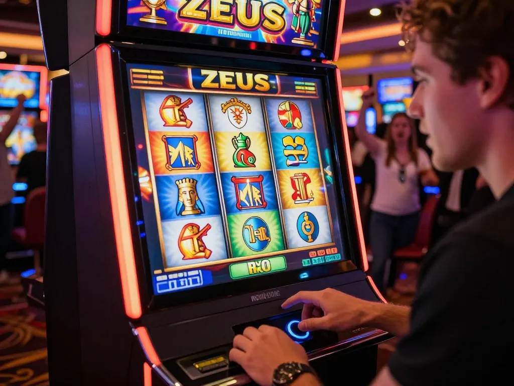 Experience the excitement of slot zeus as the player spins for big wins in a lively casino atmosphere