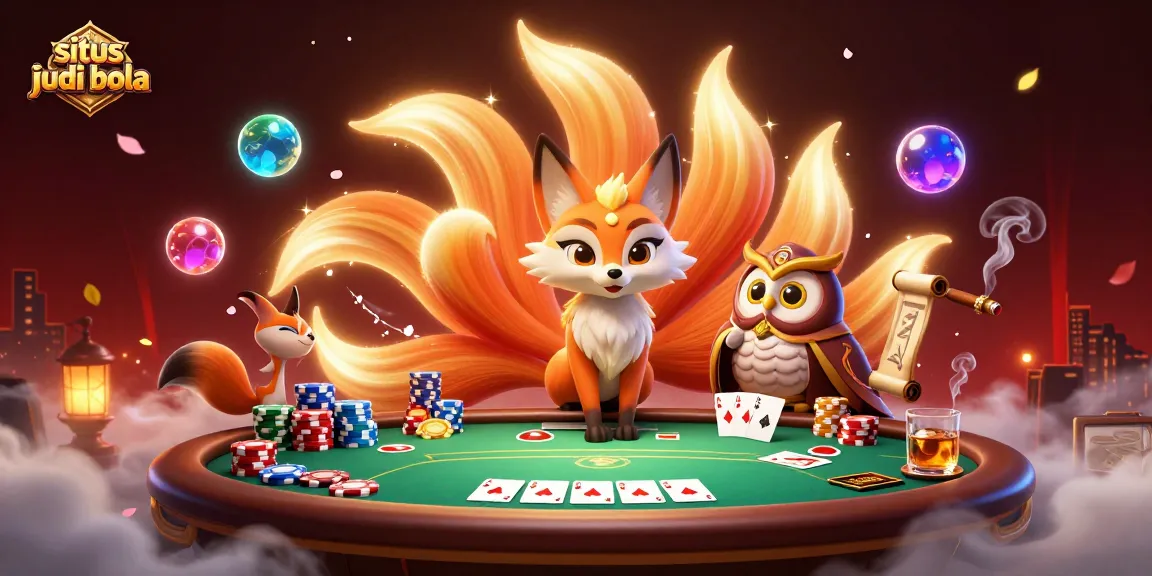 Engage in situs judi bola with a vibrant illustration featuring poker elements and mystical characters.