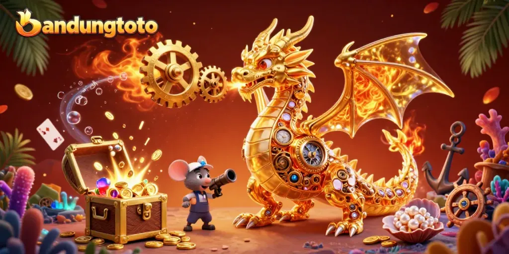 Experience the excitement of bandungtoto with an intricate design showcasing animated casino elements and a dragon.