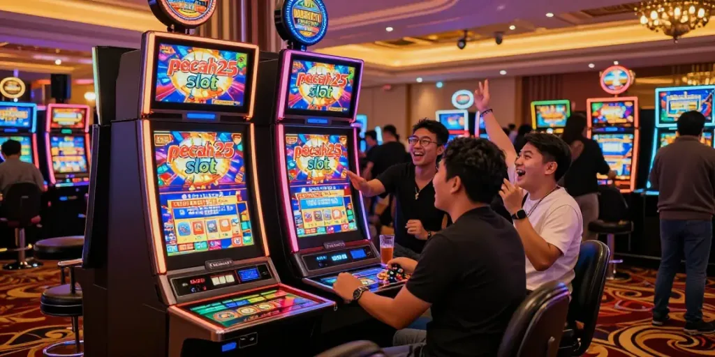 Suasana permainan slot pecah25 yang seru di kasino dengan teman-teman bersemangat.