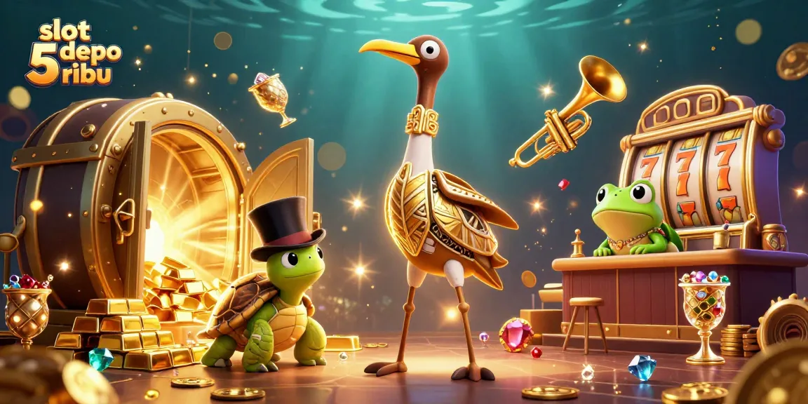 Experience the excitement of slot depo 5 ribu with a vibrant 3D casino scene filled with treasures and characters.