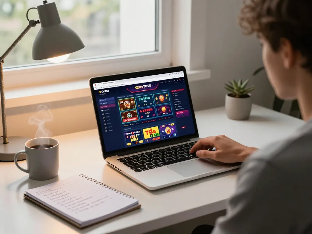 Engaging online gaming scene with player exploring situs toto on laptop in a stylish home office setting.