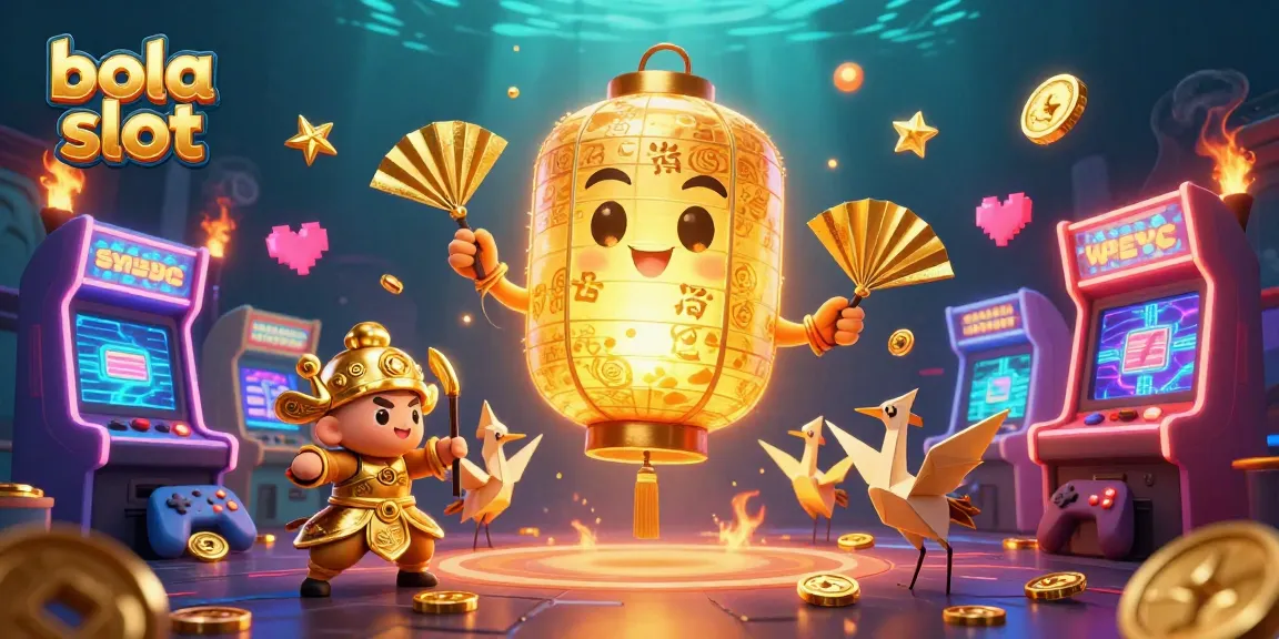 Engage with thrilling bola slot games featuring a golden lantern spirit in a vibrant casino scene.