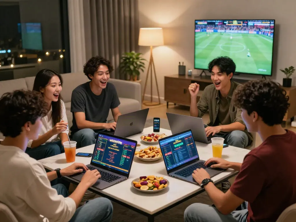 Friends enjoying an online betting game 'unsurtoto' in a lively home setting.