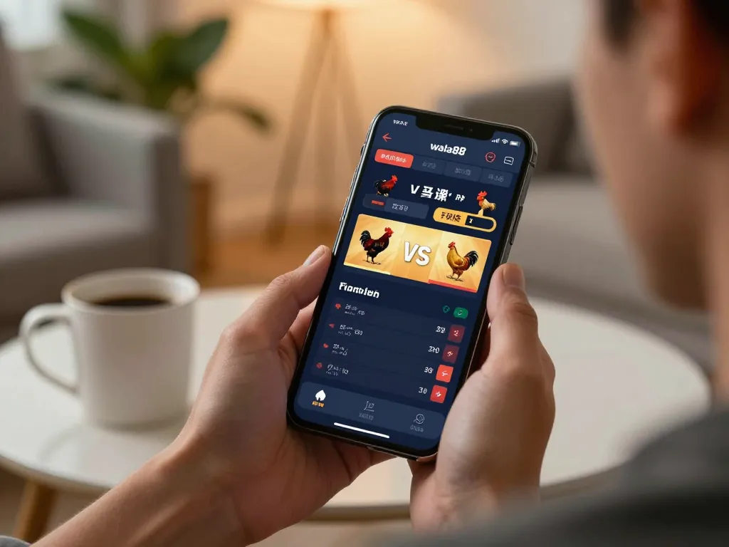 View of a person using the wala88 app on smartphone for live betting on chicken fights, showcasing user engagement.
