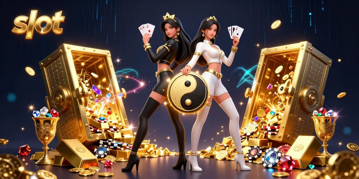 Spin thrilling slot reels with powerful twin Asian women amidst dazzling gold and jewels.