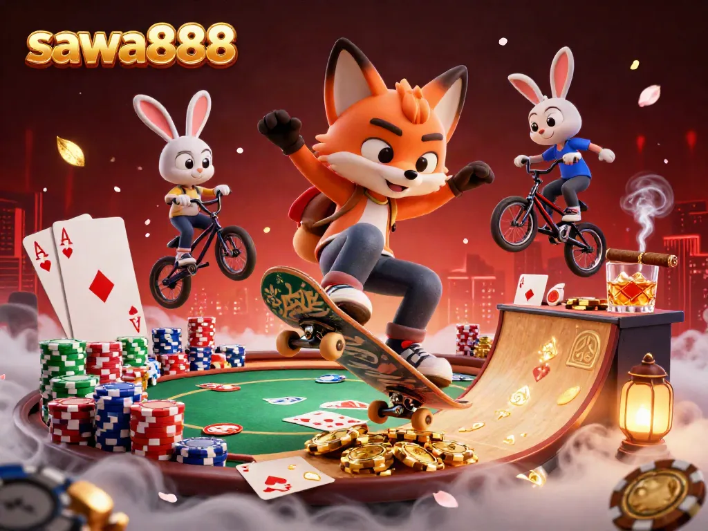Experience thrilling tricks and dynamics at sawa888 with cartoon characters in a vibrant casino-themed scene.