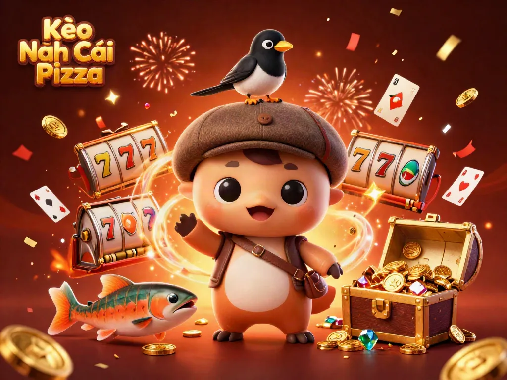 Kèo Nhà Cái Pizza blends playful elements with vibrant casino themes, featuring Nessie and gold coins.