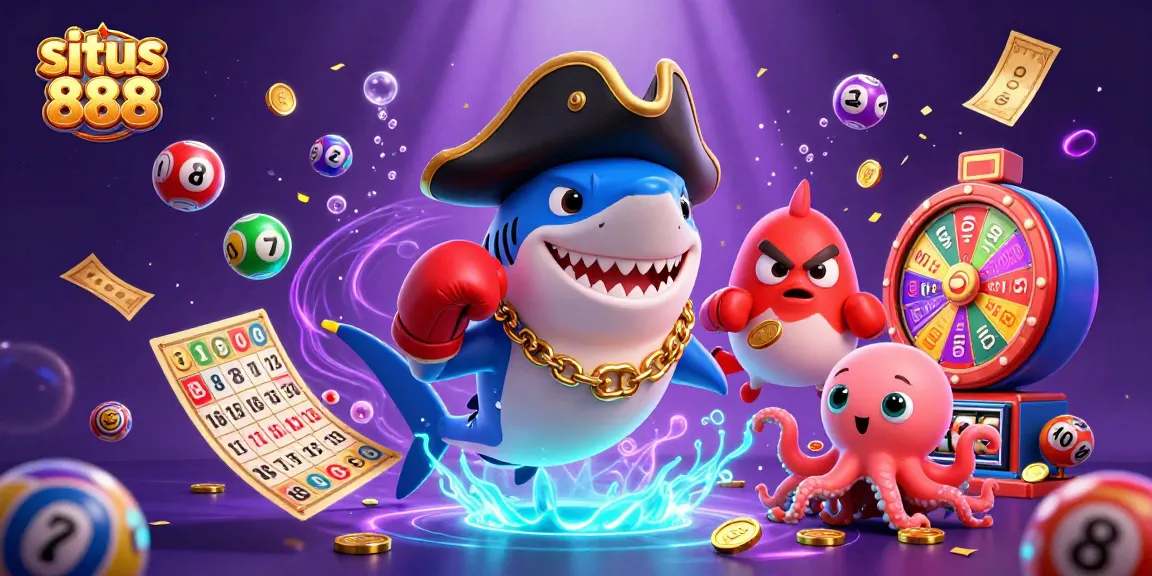 Engaging illustration of situs 888 with fun characters and vibrant casino gaming elements.