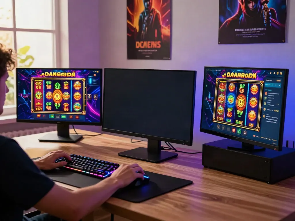 Engaging in a slot dana game on a sleek desktop setup with vibrant visuals.