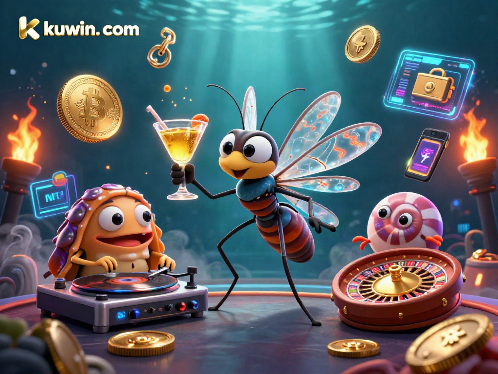 Engage with kuwin. com's vibrant casino world through animated characters and cryptocurrency elements.