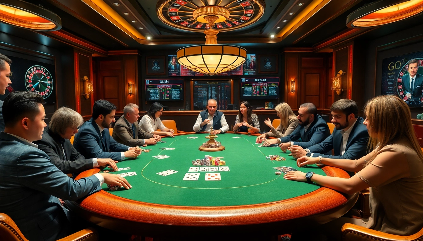 Intense players engaging in poker online at a luxurious table filled with colorful chips and cards.