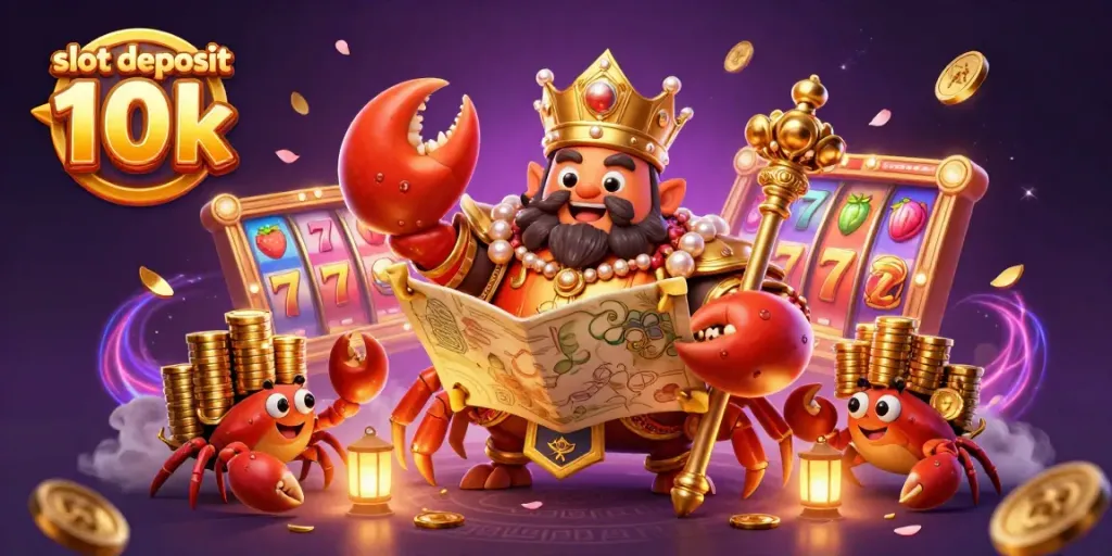 Slot deposit 10k dengan jackpot cerah dan simbol buah menarik di latar belakang kasino.