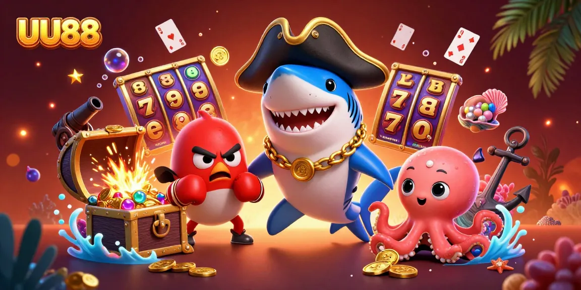 Engage with UU88's underwater treasure bounty featuring vibrant characters and iconic casino elements.