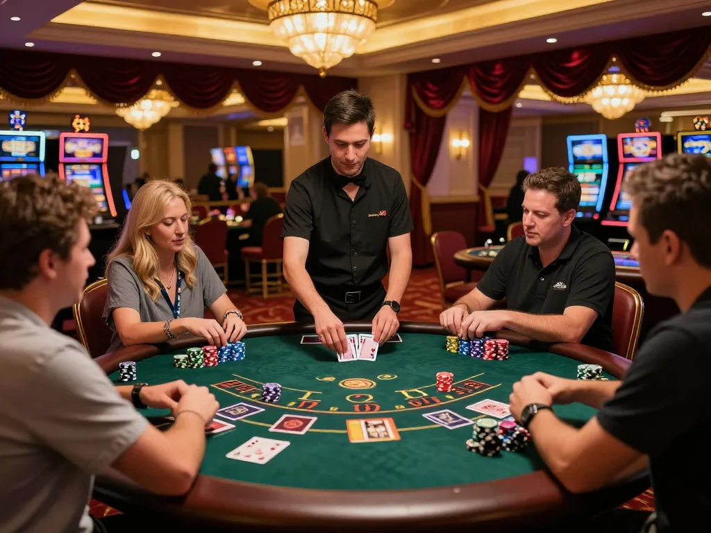 Engaging gameplay at blackjack table with MPO ID highlighted, players focused, dealer distributing cards.