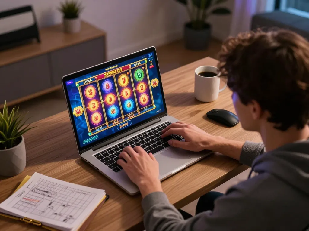 SATRIA123 online gaming session showcasing player engaged with vibrant slot graphics, emphasizing immersive experience.