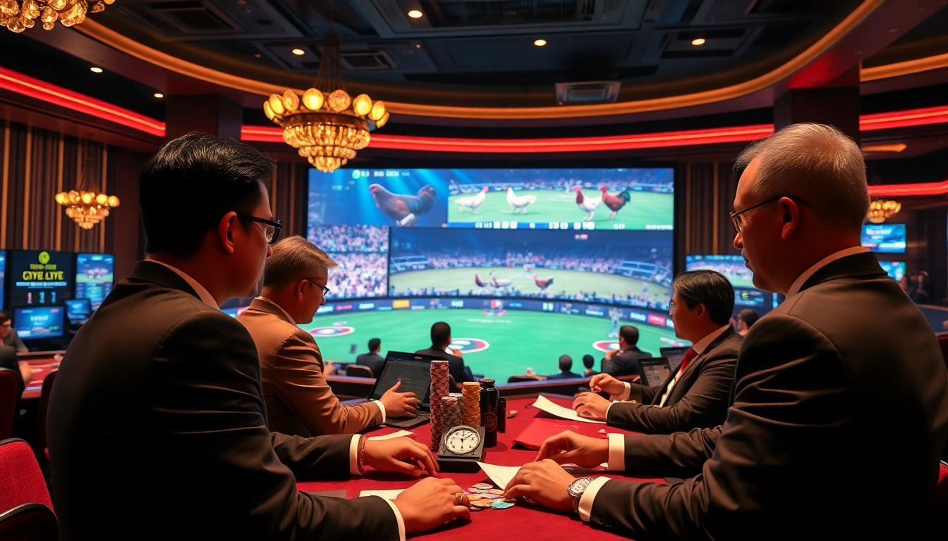 Engaged players betting on đá gà trực tiếp in a vibrant casino live streaming venue.
