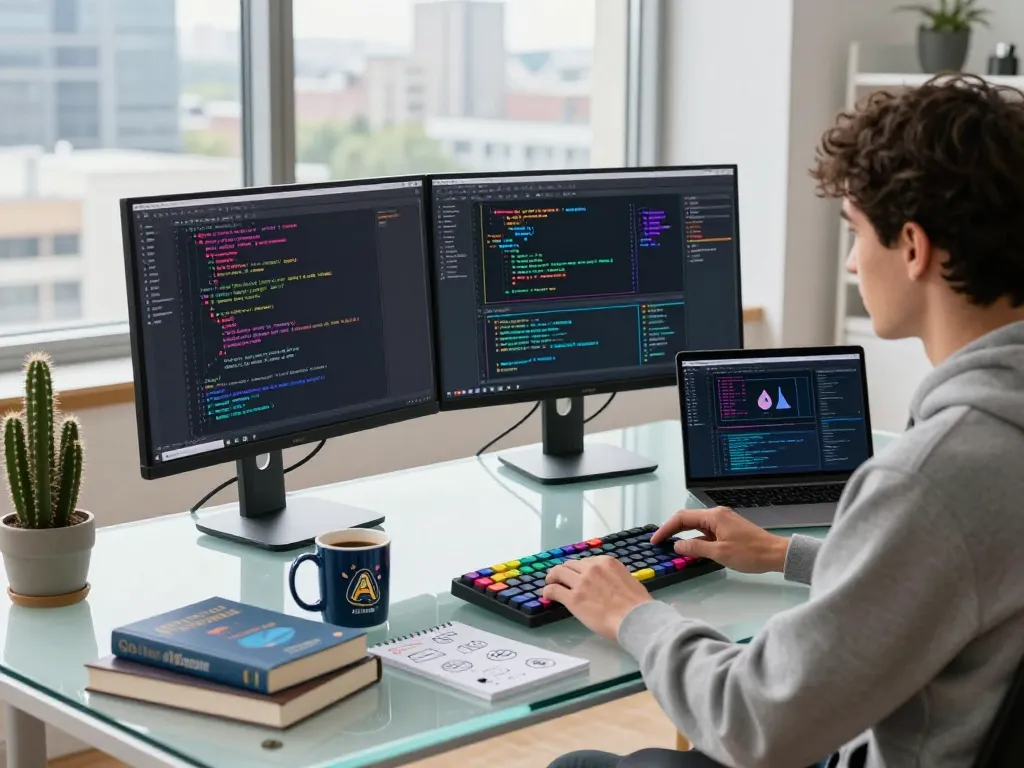 Developer immersed in coding AI projects, showcasing crush ai in a modern workspace.