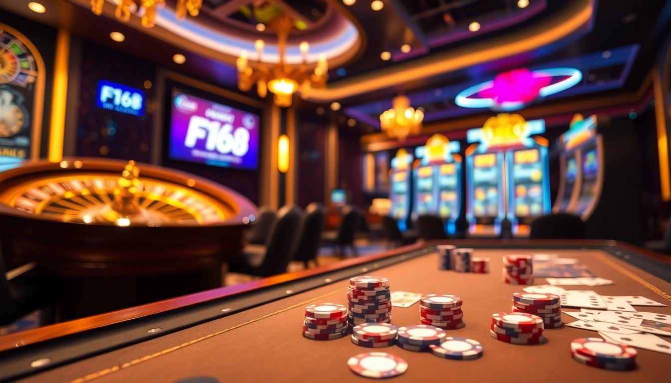 An engaging F168 gaming table scene showcasing poker chips and cards in a luxurious casino setting.