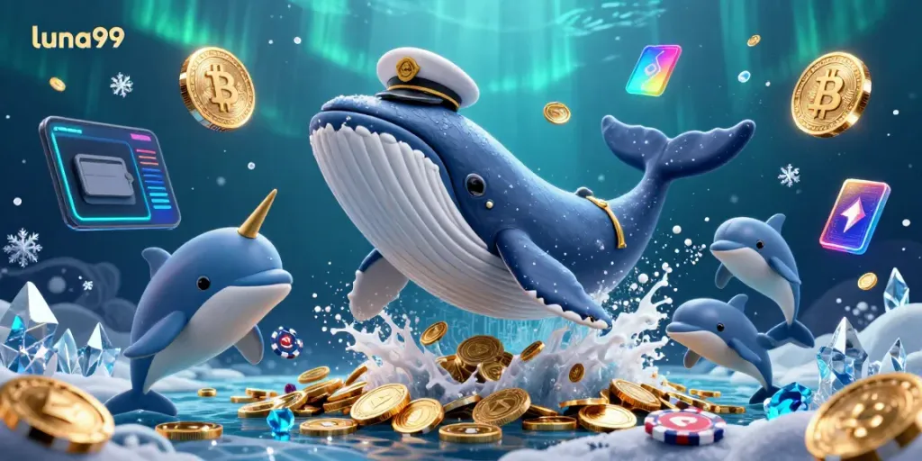Permainan seru di luna99 dengan paus kartun besar melompat di tengah lautan koin