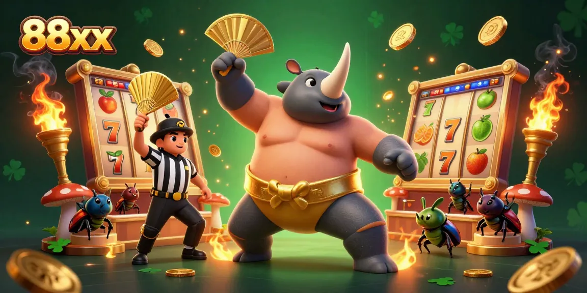 88xx slot game featuring a sumo beetle champion and dynamic colorful casino elements.