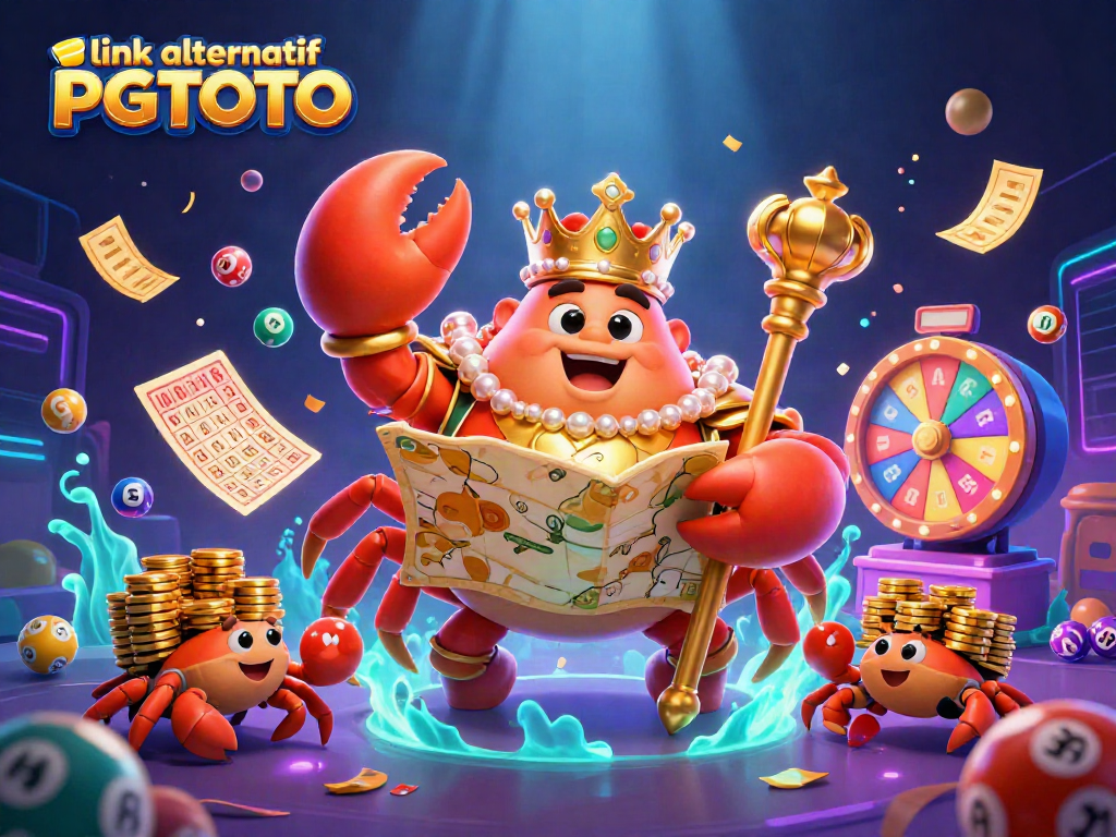 Engage with link alternatif PGTOTO, showcasing a vibrant 3D casino scene with colorful lottery elements.