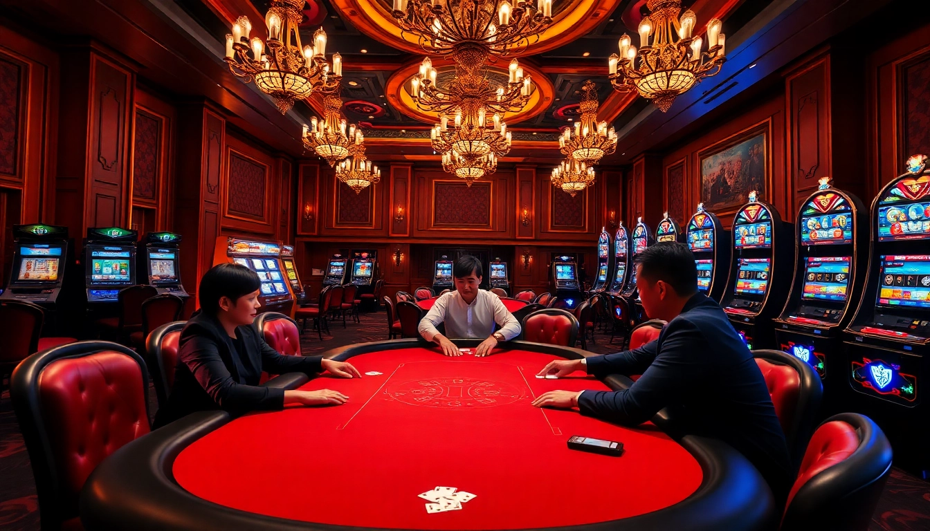 Engaging scene of professional players at the poker table at nhà cái 789p, featuring vibrant slots.
