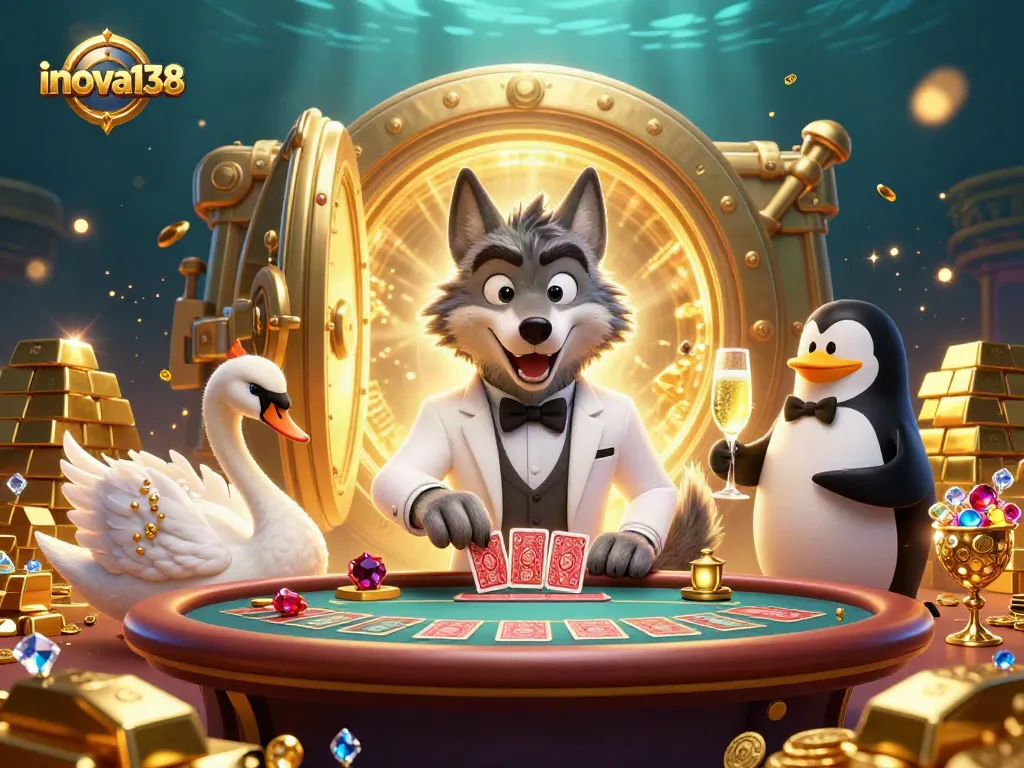 Engage in high-stakes play at inova138 as the debonair wolf, swan dealer, and charming penguin serve up thrilling baccarat.