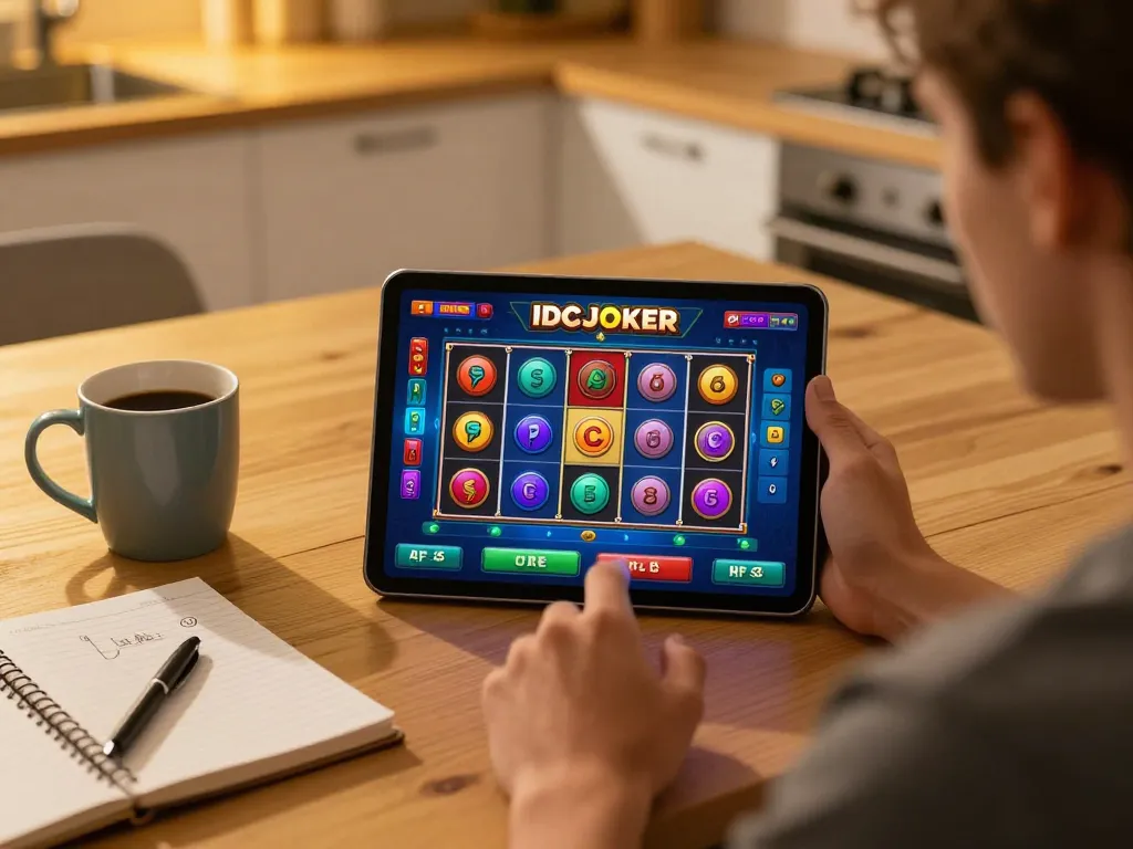 IDCJOKER player spinning reels on a tablet with strategy notes in a cozy kitchen
