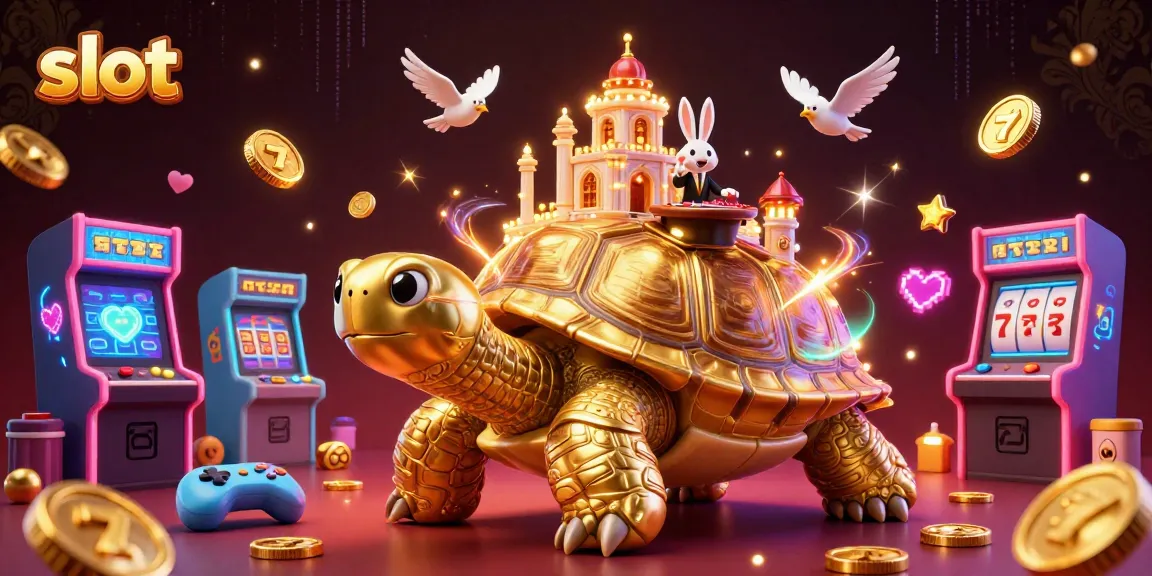 Spin the slot reels with a golden tortoise and rabbit dealer in a thrilling casino scene.