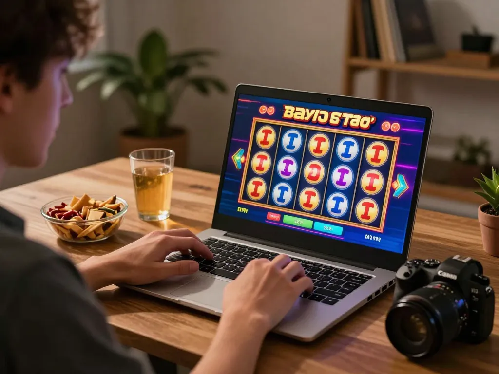 Player enjoying bayitoto's Toto slot game on laptop with vibrant graphics, cozy home setting.