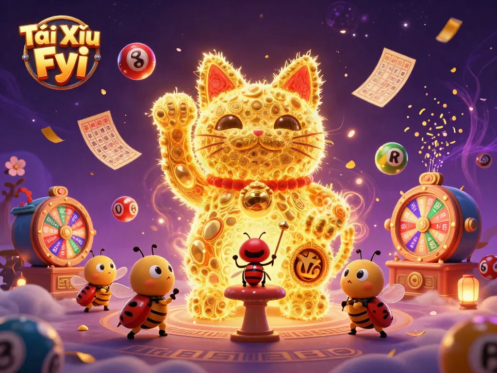 Tài Xỉu Fyi invites players to immerse in a vibrant, lucky casino scene with a dynamic lucky cat.
