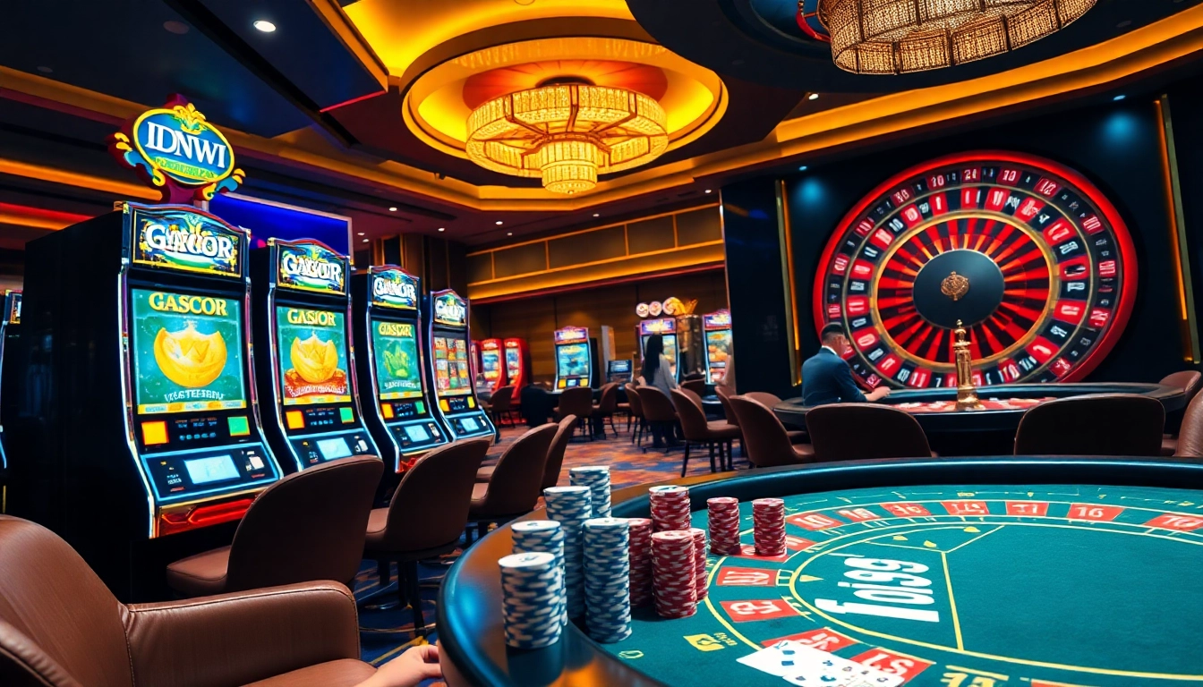 Experience thrilling IDNslot gaming with vibrant slot machines and engaged players at a luxurious casino.