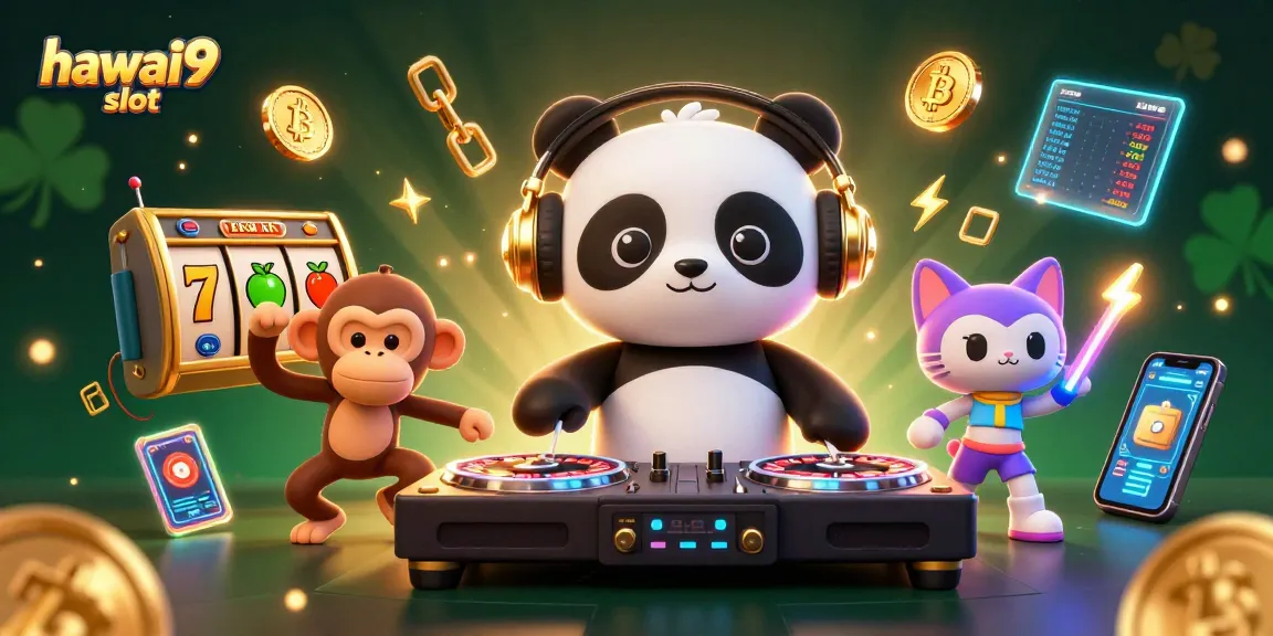 Experience the thrill of hawai9 slot with a DJ panda, breakdancing monkey, and vibrant casino elements.