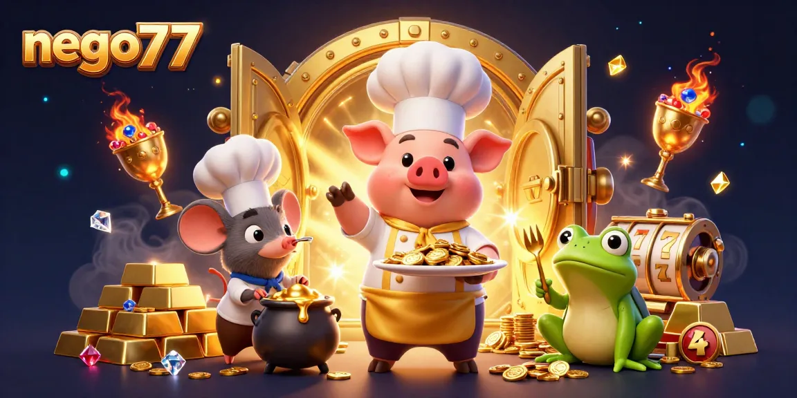 Nego77 chef pig serving gold coins on a vibrant casino-themed illustration.