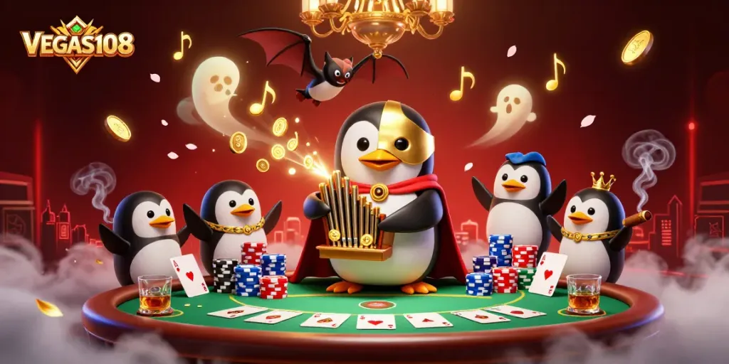 Experience VEGAS108 excitement with a phantom opera penguin playing for golden coins at a lively casino.