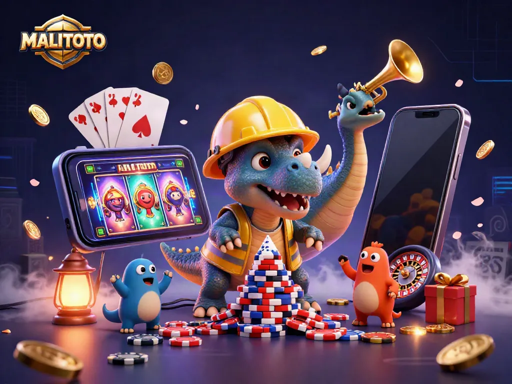 MALITOTO reveals a vibrant casino scene with cartoon dinosaurs celebrating around poker chips and gaming elements.