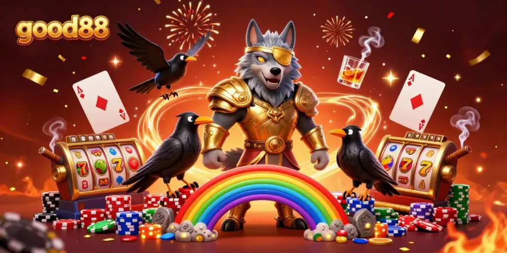 Experience the thrilling world of good88 with Odin and his ravens amidst vibrant casino excitement.