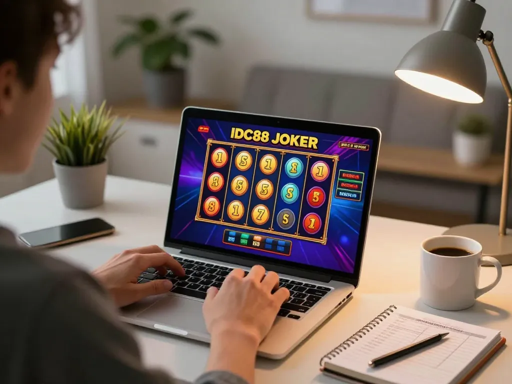 Engaging in IDC88 JOKER slot games while relaxing at home with vibrant screen display.