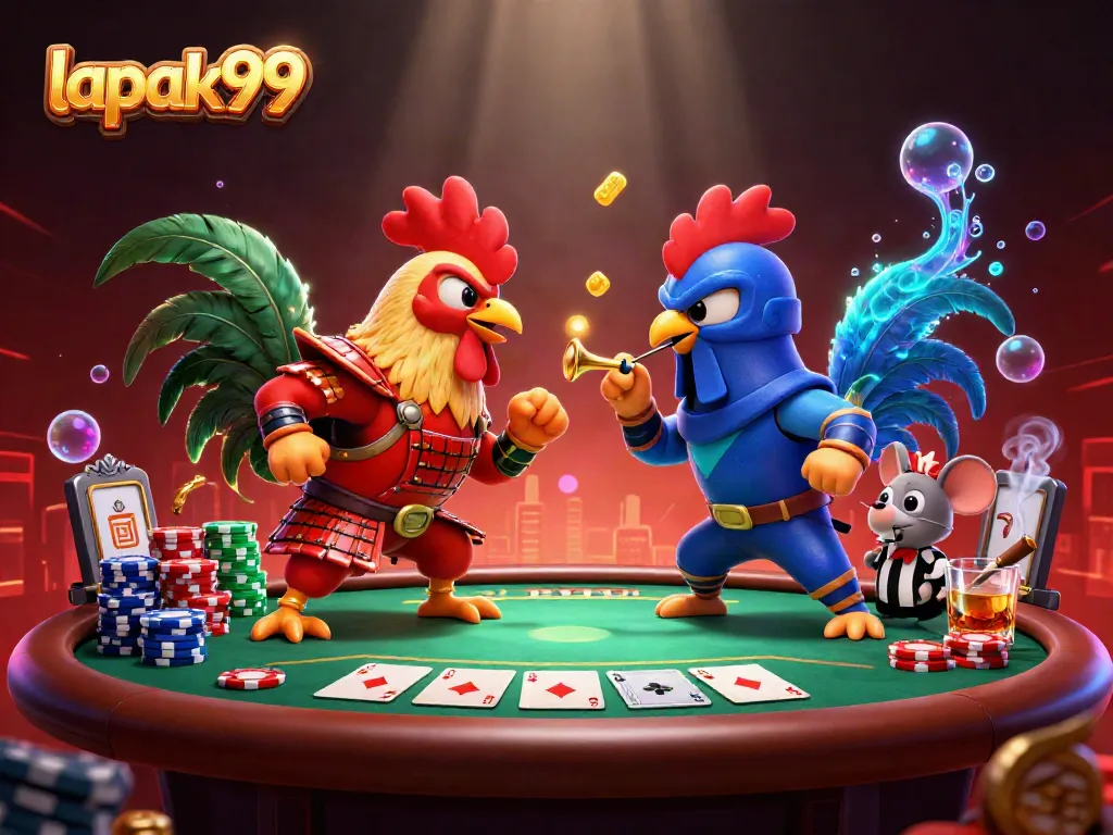 Experience thrilling action with lapak99 featuring fighting roosters in a vibrant casino setting.
