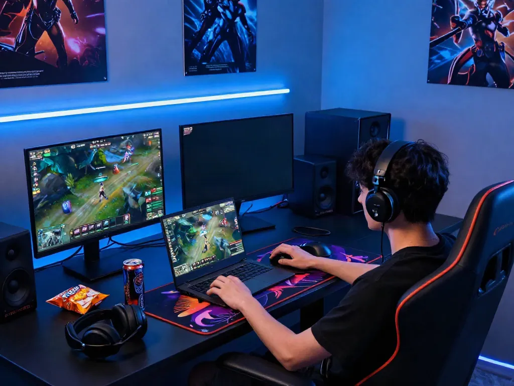 Seorang gamer terlibat dalam bermain di laptop dengan aksesori gaming, terkait dengan dewitogel login alternatif.