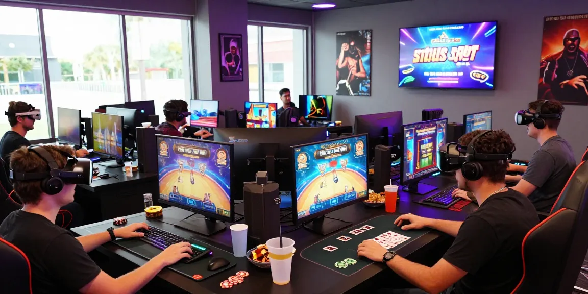 Players enjoying various situs slot games in a vibrant gaming lounge