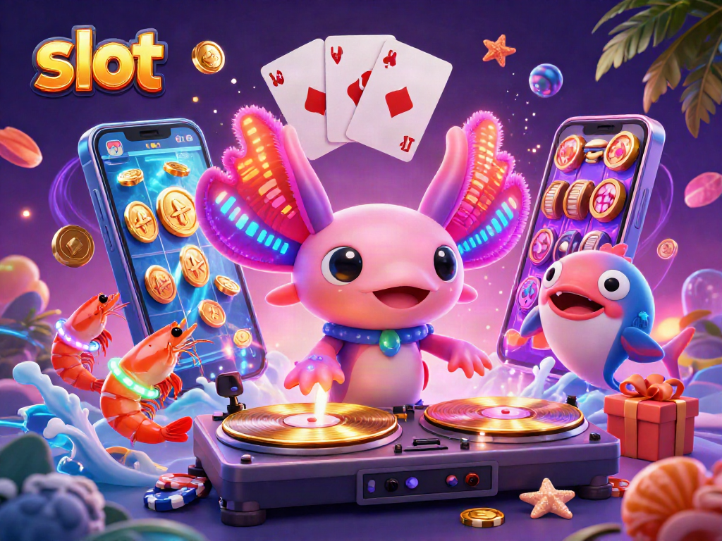 Exciting slot gaming scene featuring vibrant axolotl DJ and colorful game symbols.